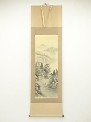 粥川天舟筆　水墨山水　肉筆絹本掛軸（共箱）